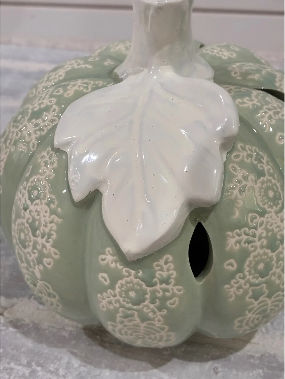 Ceramic Decorative Pumpkin with Leaf Accent in Sage Green